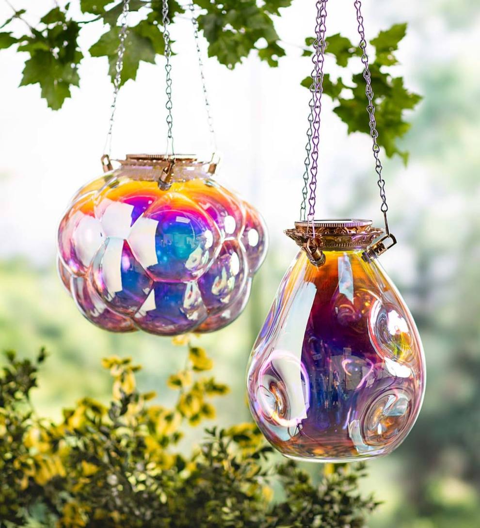 Plow & Hearth Garden Accents Yard & Garden Solar Hanging Iridescent Glass Lights