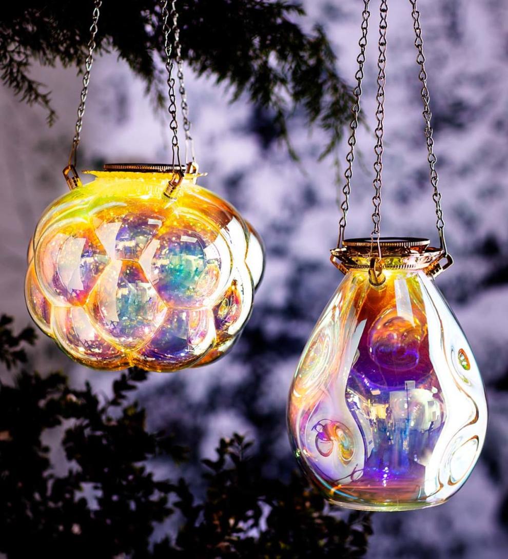 Plow & Hearth Garden Accents Yard & Garden Solar Hanging Iridescent Glass Lights