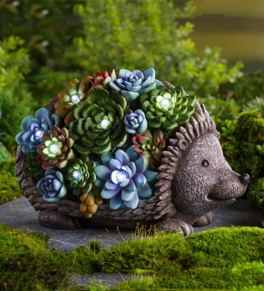 Plow & Hearth Garden Accents Yard & Garden Solar Lighted Succulent Resin Animal Garden Statue - Bunny