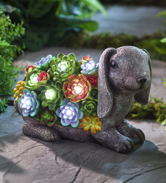 Plow & Hearth Garden Accents Yard & Garden Solar Lighted Succulent Resin Animal Garden Statue - Bunny
