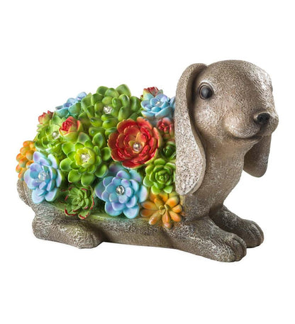 Plow & Hearth Garden Accents Yard & Garden Solar Lighted Succulent Resin Animal Garden Statue - Bunny