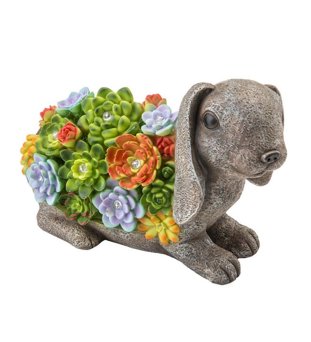 Plow & Hearth Garden Accents Yard & Garden Solar Lighted Succulent Resin Animal Garden Statue - Bunny