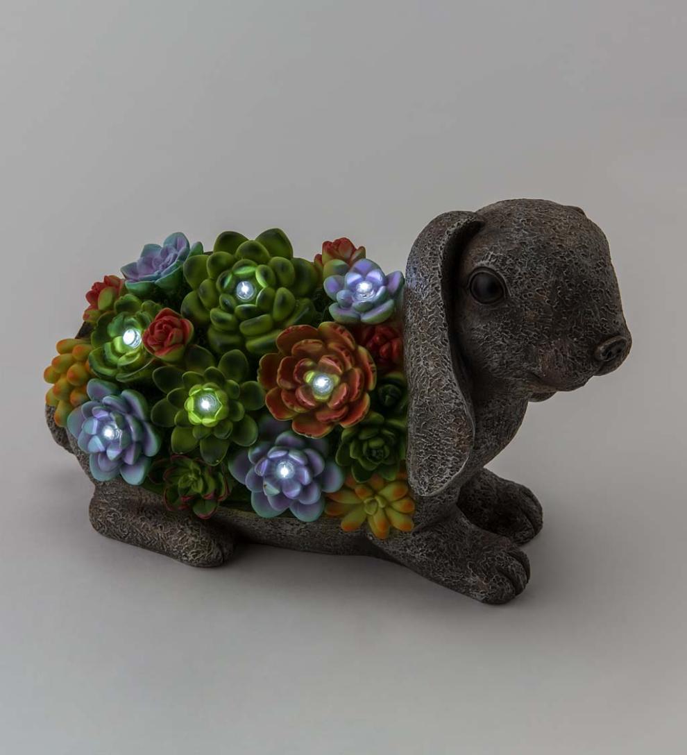 Plow & Hearth Garden Accents Yard & Garden Solar Lighted Succulent Resin Animal Garden Statue - Bunny