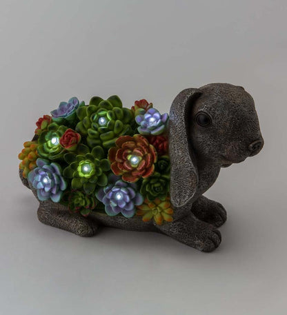 Plow & Hearth Garden Accents Yard & Garden Solar Lighted Succulent Resin Animal Garden Statue - Bunny