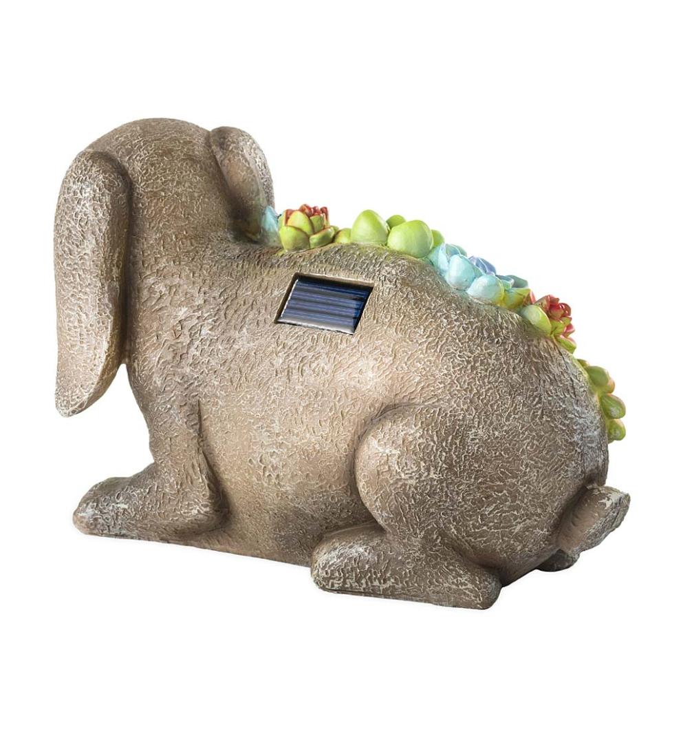 Plow & Hearth Garden Accents Yard & Garden Solar Lighted Succulent Resin Animal Garden Statue - Bunny