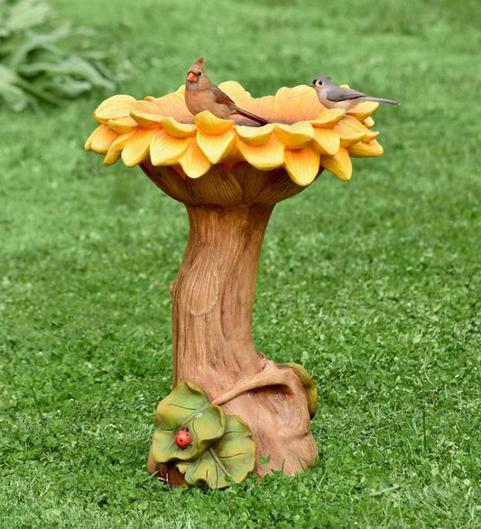 Plow & Hearth Garden Accents Yard & Garden Sunflower With Leaves And Ladybug Carved Resin Birdbath