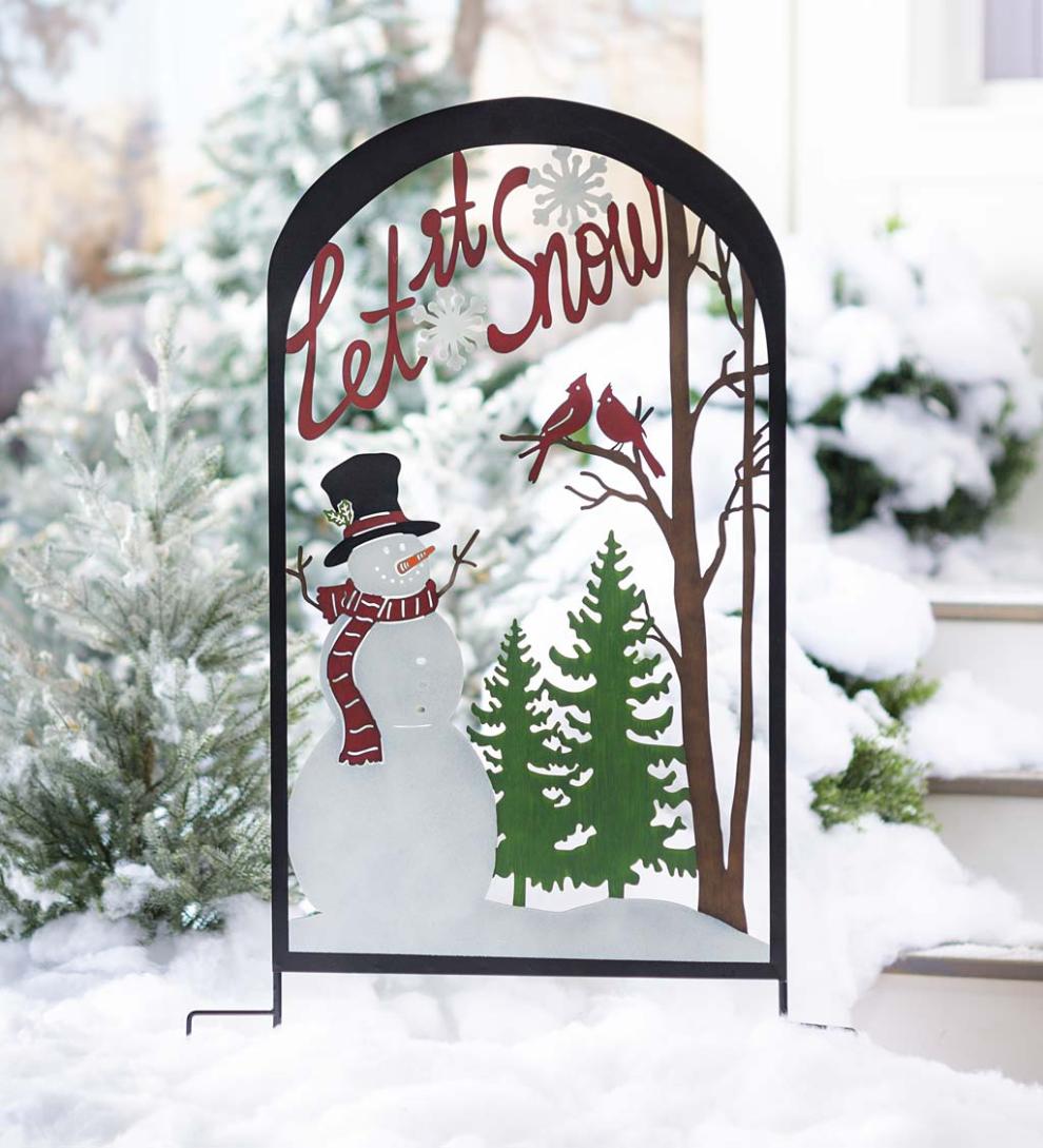 Plow & Hearth Garden Stakes Yard & Garden Colorful Painted Let It Snow Metal Garden Trellis Stake With Snowman