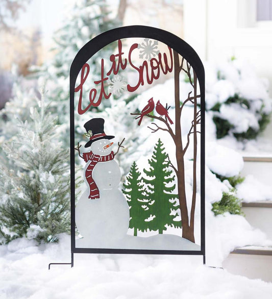 Plow & Hearth Garden Stakes Yard & Garden Colorful Painted Let It Snow Metal Garden Trellis Stake With Snowman
