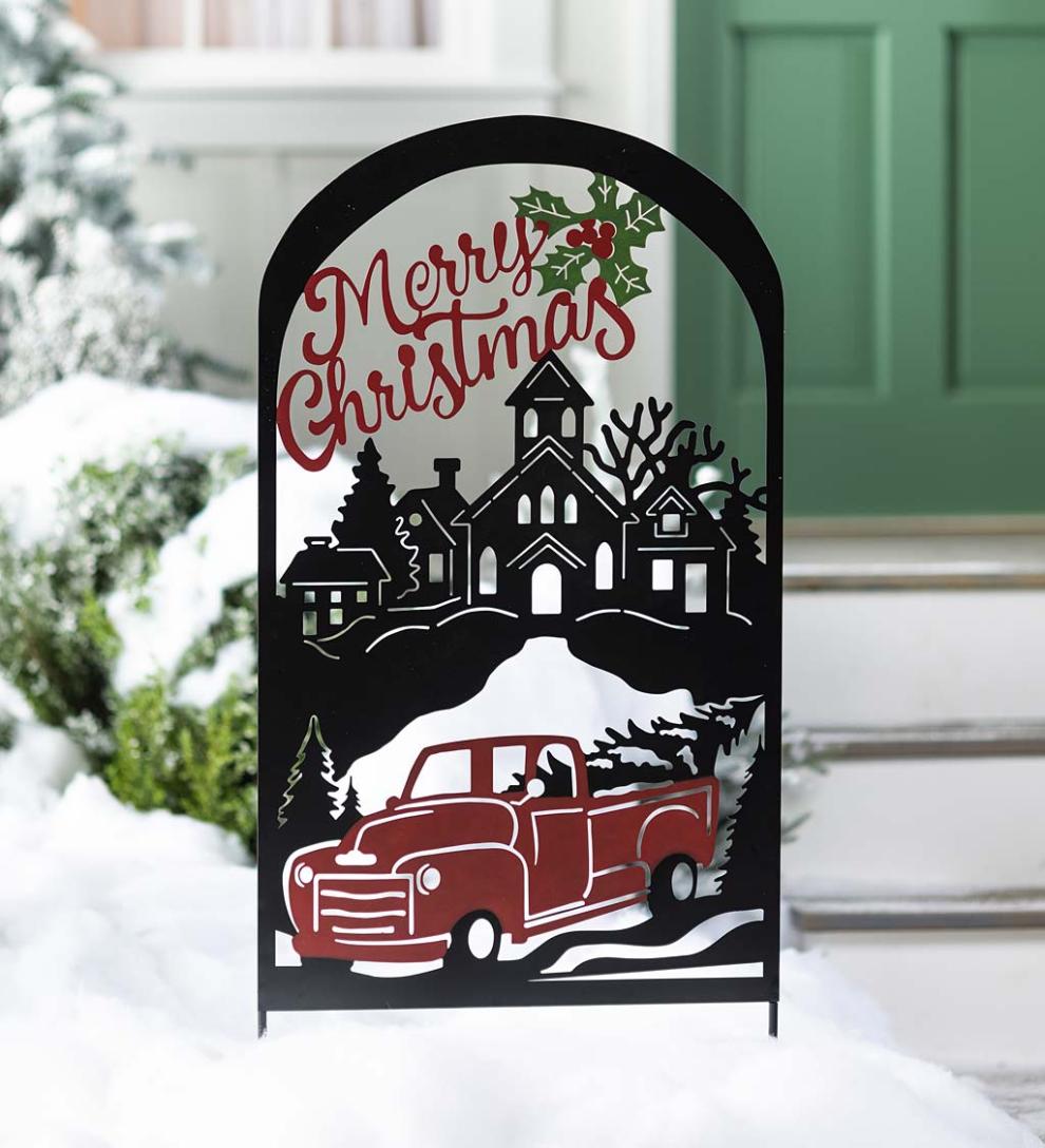 Plow & Hearth Garden Stakes Yard & Garden Merry Christmas Vintage Truck Metal Holiday Trellis