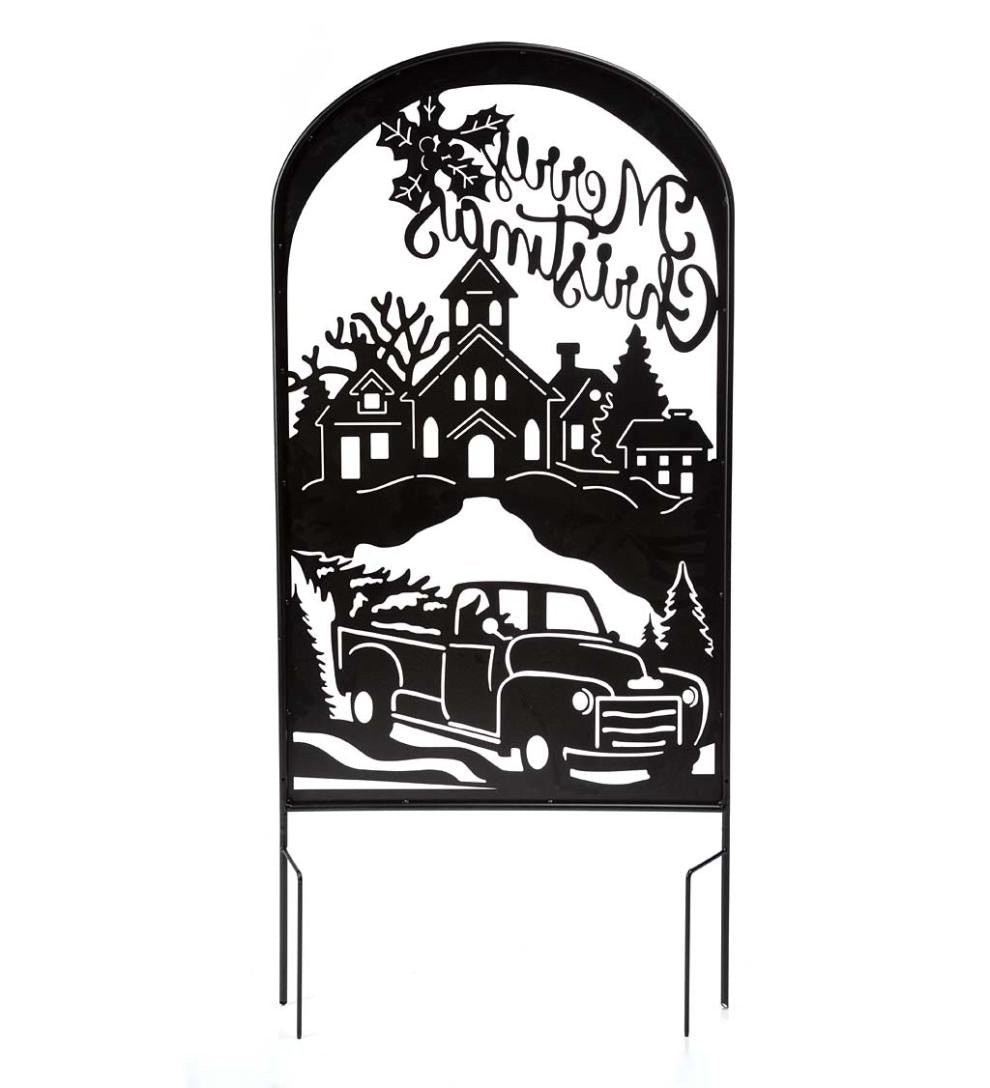 Plow & Hearth Garden Stakes Yard & Garden Merry Christmas Vintage Truck Metal Holiday Trellis