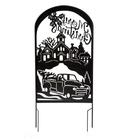 Plow & Hearth Garden Stakes Yard & Garden Merry Christmas Vintage Truck Metal Holiday Trellis