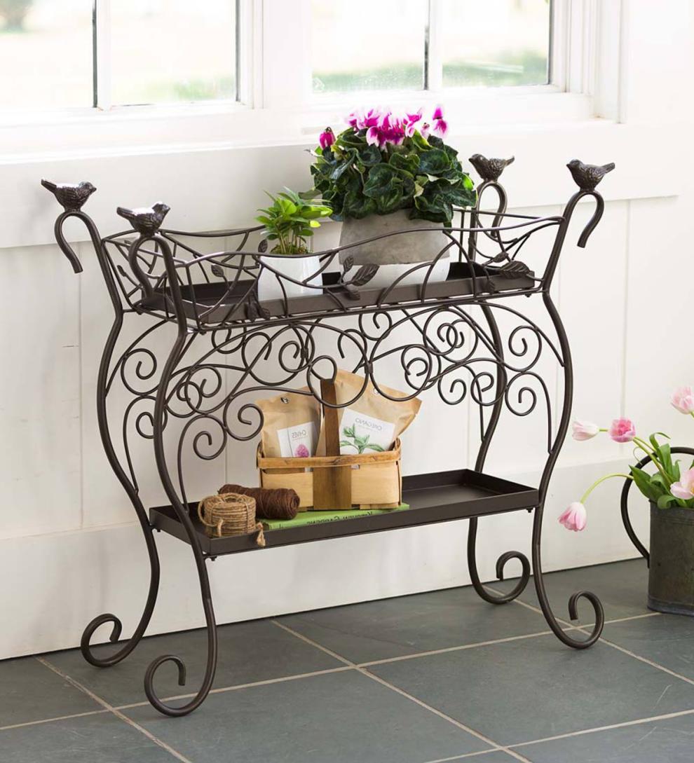 Plow & Hearth Garden Tools Yard & Garden Two-Shelf Cast Iron Plant Stand With Birds