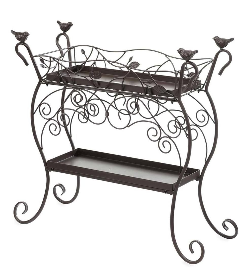 Plow & Hearth Garden Tools Yard & Garden Two-Shelf Cast Iron Plant Stand With Birds