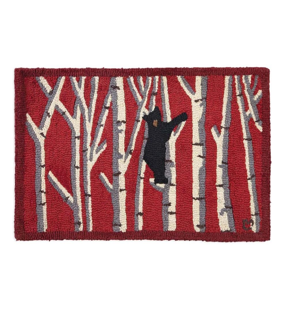 Plow & Hearth Hearth Rugs Fireplace & Hearth Hooked Wool Black Bear In Birches Accent Rug
