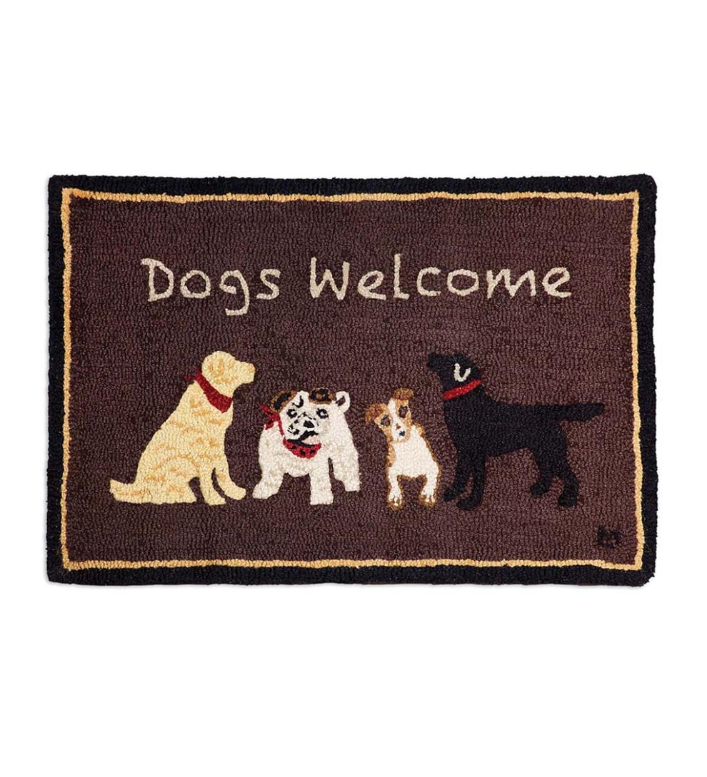 Plow & Hearth Hearth Rugs Fireplace & Hearth Hooked Wool Dogs Welcome Accent Rug - Brown