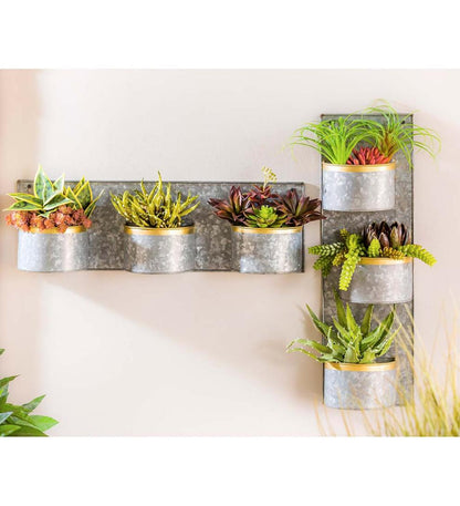 Plow & Hearth Home Accents Indoor Living 3-Pot Galvanized Metal Wall Planter With Brass Rims, Set Of 2