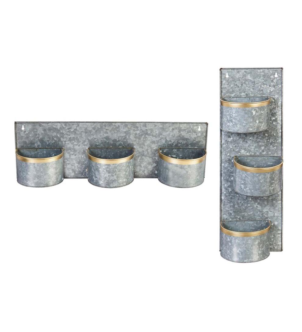 Plow & Hearth Home Accents Indoor Living 3-Pot Galvanized Metal Wall Planter With Brass Rims, Set Of 2