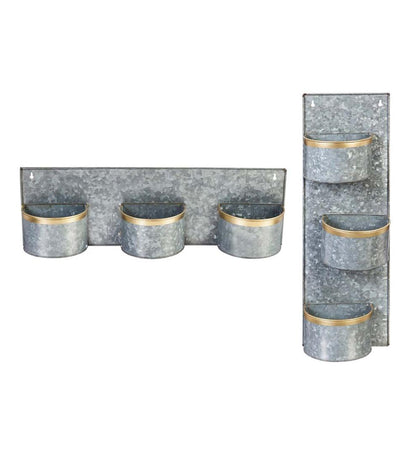 Plow & Hearth Home Accents Indoor Living 3-Pot Galvanized Metal Wall Planter With Brass Rims, Set Of 2