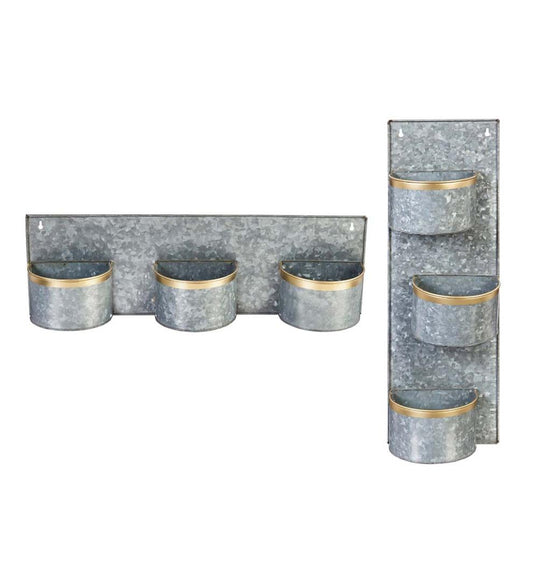 Plow & Hearth Home Accents Indoor Living 3-Pot Galvanized Metal Wall Planter With Brass Rims, Set Of 2