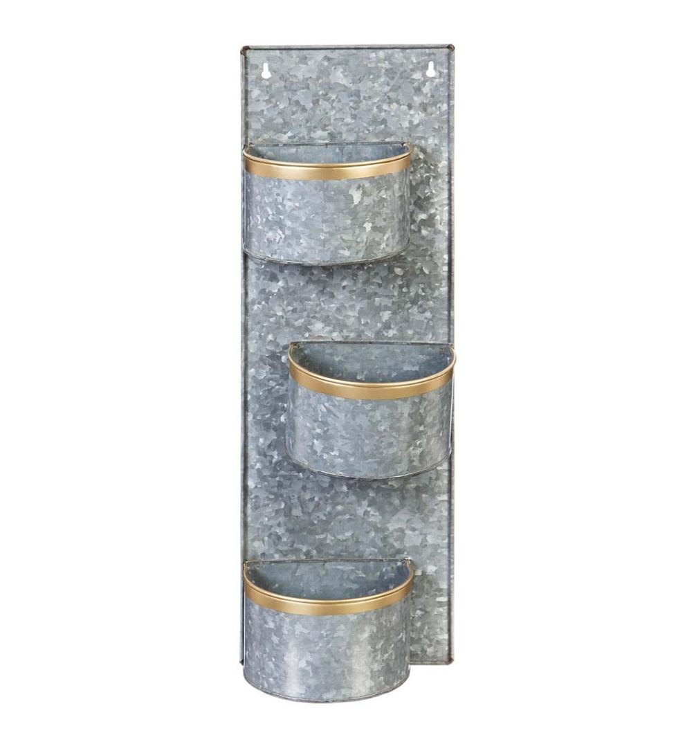 Plow & Hearth Home Accents Indoor Living 3-Pot Galvanized Metal Wall Planter With Brass Rims, Set Of 2