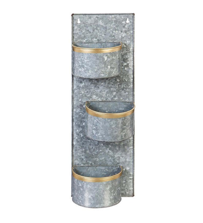 Plow & Hearth Home Accents Indoor Living 3-Pot Galvanized Metal Wall Planter With Brass Rims, Set Of 2