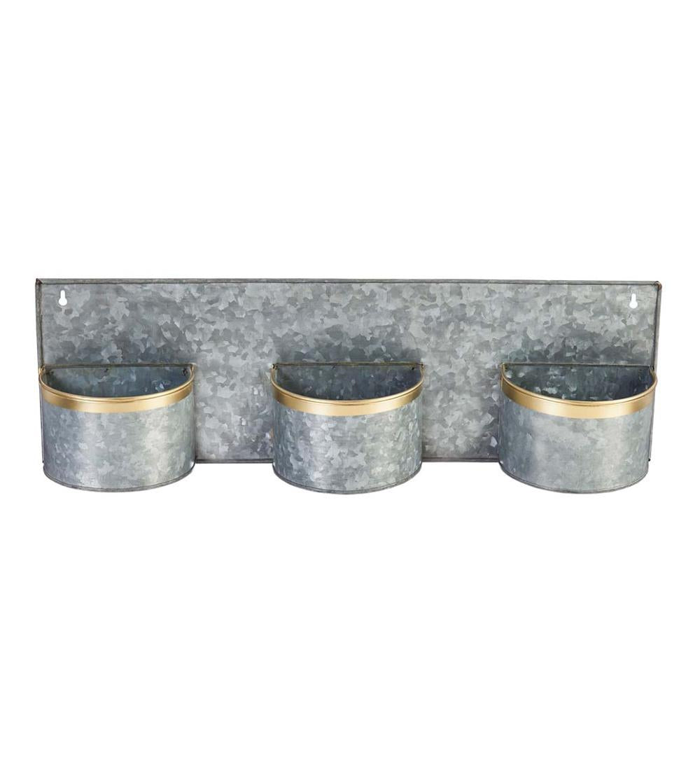 Plow & Hearth Home Accents Indoor Living 3-Pot Galvanized Metal Wall Planter With Brass Rims, Set Of 2