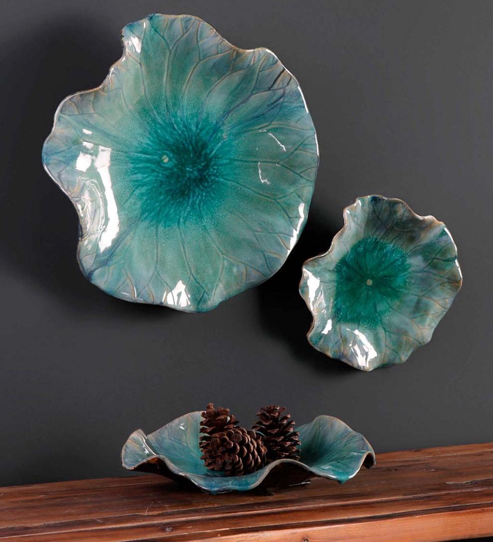 Plow & Hearth Home Accents Indoor Living Blue Ceramic Flower Blooms Wall Art, Set Of 3