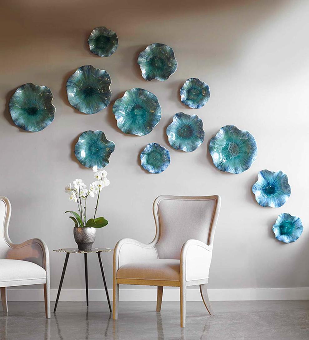 Plow & Hearth Home Accents Indoor Living Blue Ceramic Flower Blooms Wall Art, Set Of 3