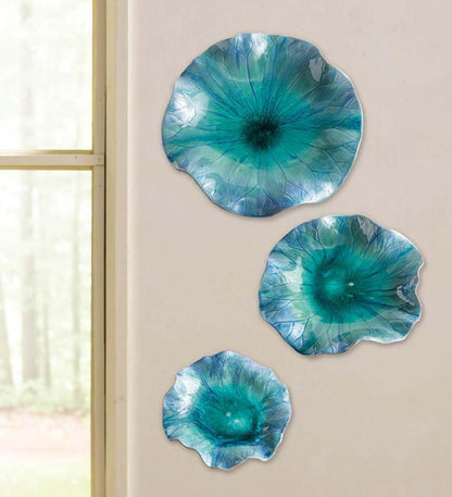 Plow & Hearth Home Accents Indoor Living Blue Ceramic Flower Blooms Wall Art, Set Of 3
