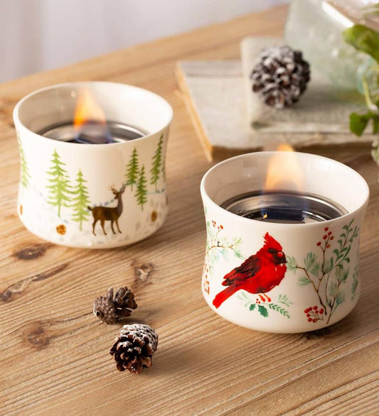 Plow & Hearth Home Accents Indoor Living Cardinal And Deer Holiday Ceramic Oil Candles, Set Of 2