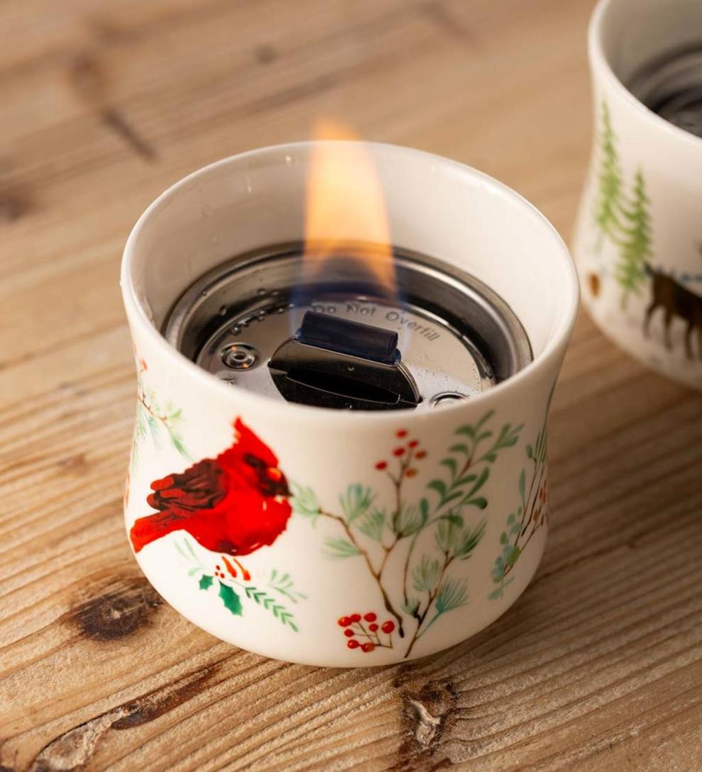 Plow & Hearth Home Accents Indoor Living Cardinal And Deer Holiday Ceramic Oil Candles, Set Of 2