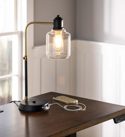 Plow & Hearth Home Accents Indoor Living Desk Lamp With Usb Port And Glass Shade