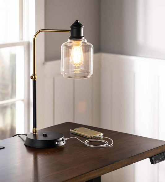Plow & Hearth Home Accents Indoor Living Desk Lamp With Usb Port And Glass Shade