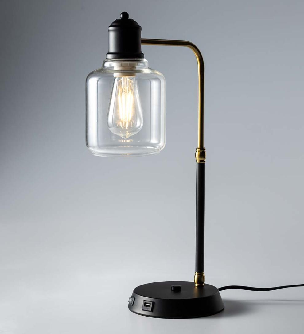 Plow & Hearth Home Accents Indoor Living Desk Lamp With Usb Port And Glass Shade