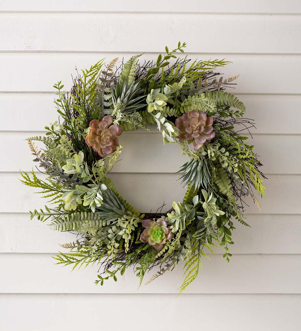 Plow & Hearth Home Accents Indoor Living Faux Succulent And Fern Wreath