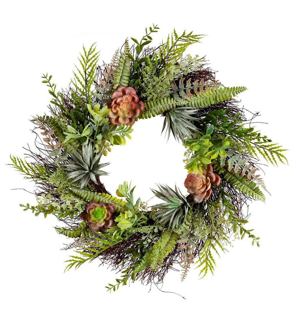 Plow & Hearth Home Accents Indoor Living Faux Succulent And Fern Wreath