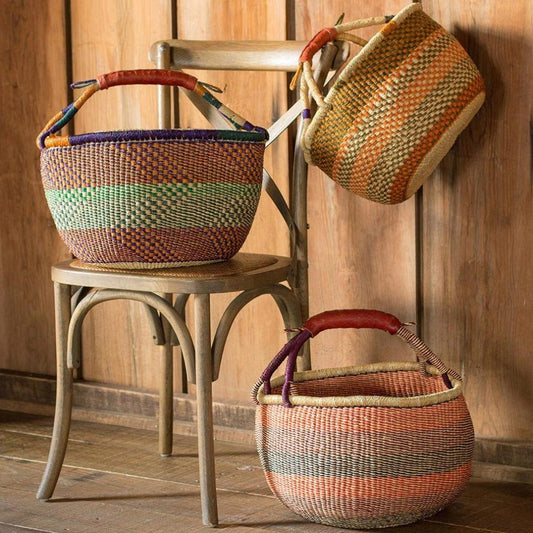 Plow & Hearth Home Accents Indoor Living Ghanaian Variant Striped Bolga Market Basket