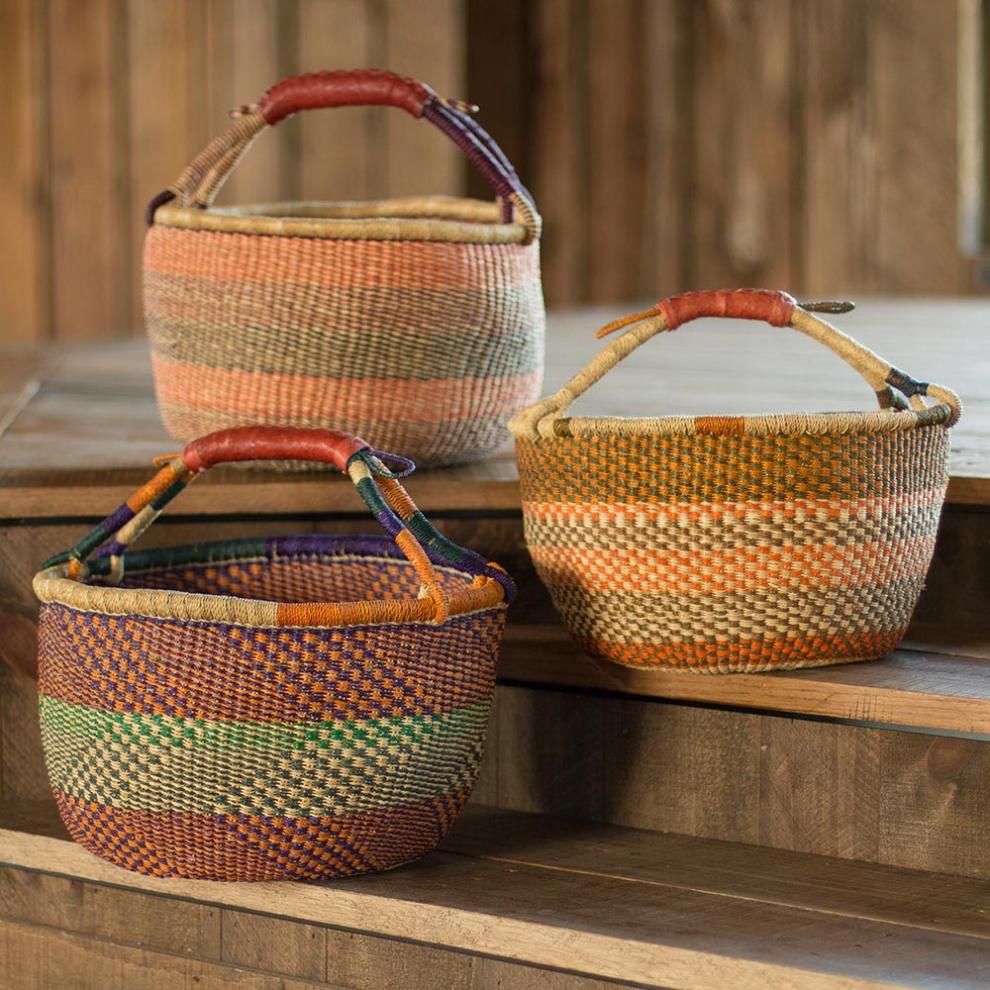 Plow & Hearth Home Accents Indoor Living Ghanaian Variant Striped Bolga Market Basket