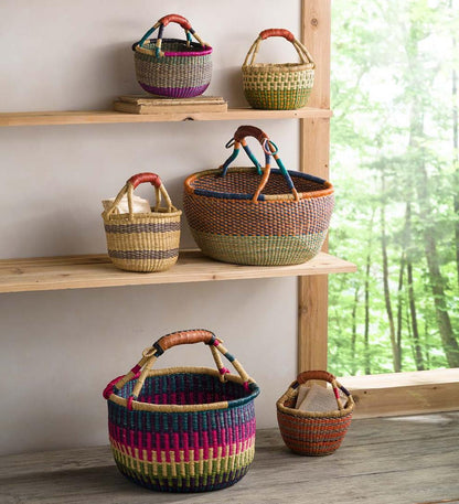 Plow & Hearth Home Accents Indoor Living Ghanaian Variant Striped Bolga Market Basket