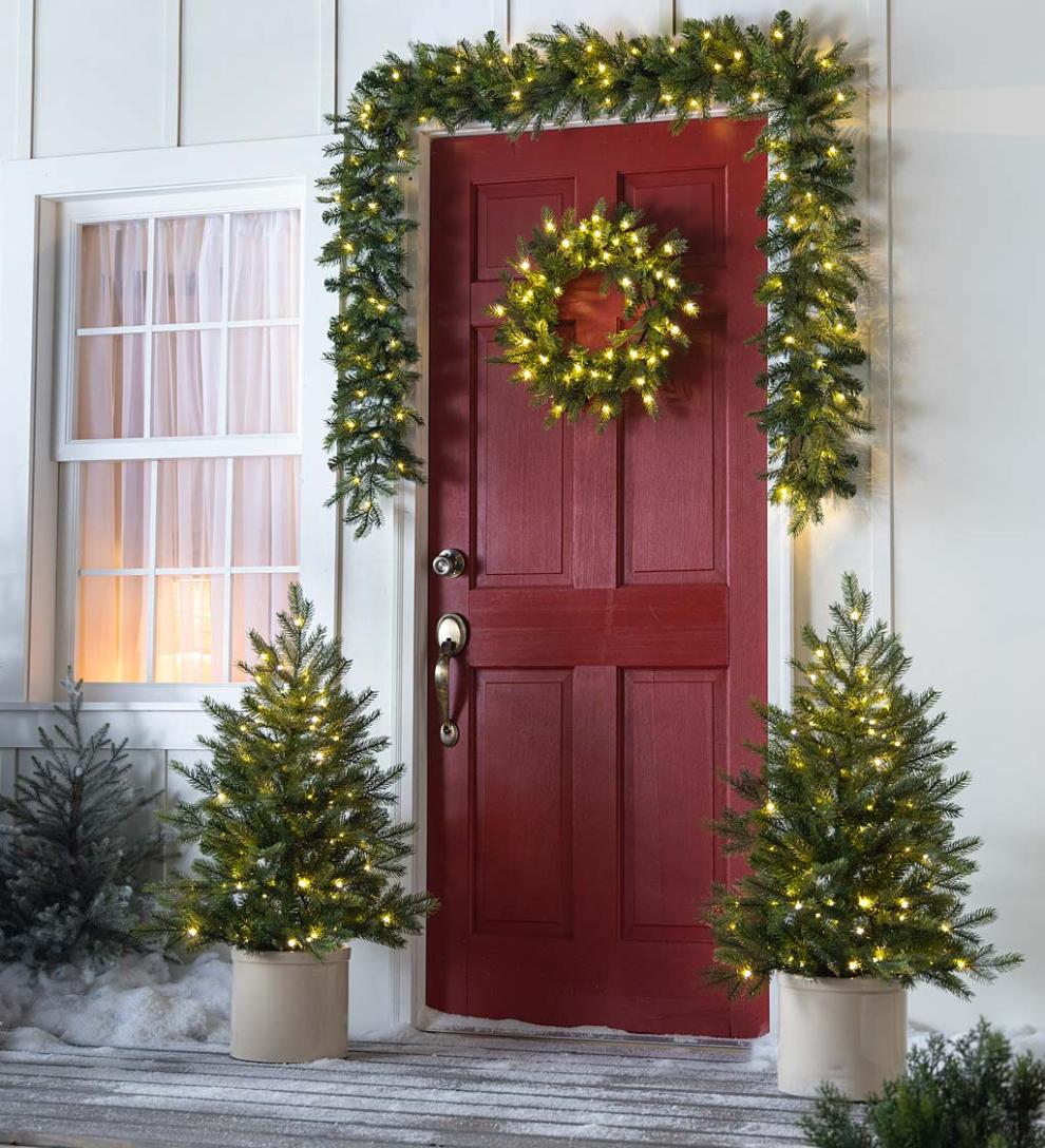 Plow & Hearth Home Accents Indoor Living Holiday Porch-In-A-Box Lighted Grandis Fir Decorating Set