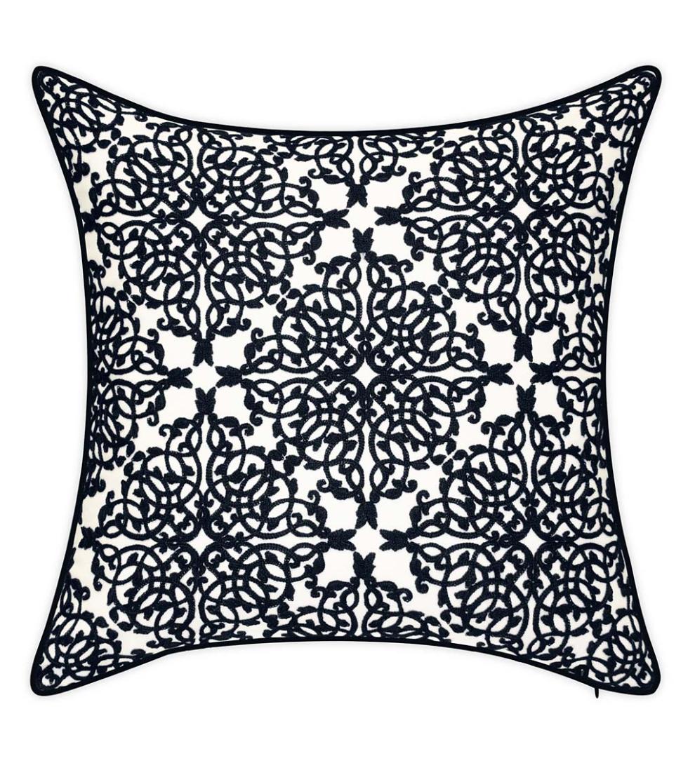 Plow & Hearth Home Accents Indoor Living Indoor/Outdoor Embroidered Lacework Throw Pillow - Black