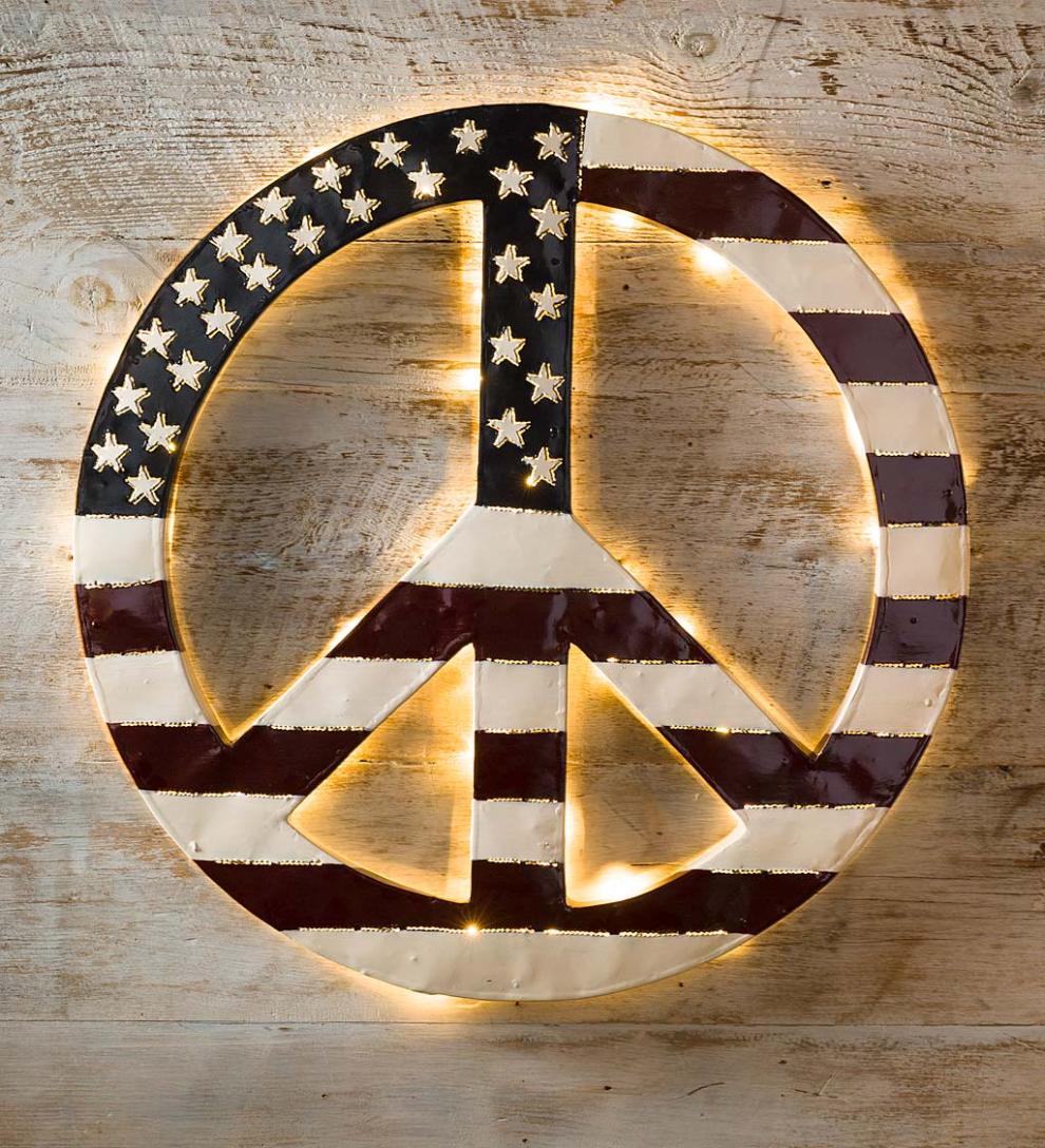 Plow & Hearth Home Accents Indoor Living Indoor/Outdoor Lighted Americana Flag Peace Sign Wall Art