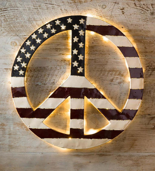 Plow & Hearth Home Accents Indoor Living Indoor/Outdoor Lighted Americana Flag Peace Sign Wall Art