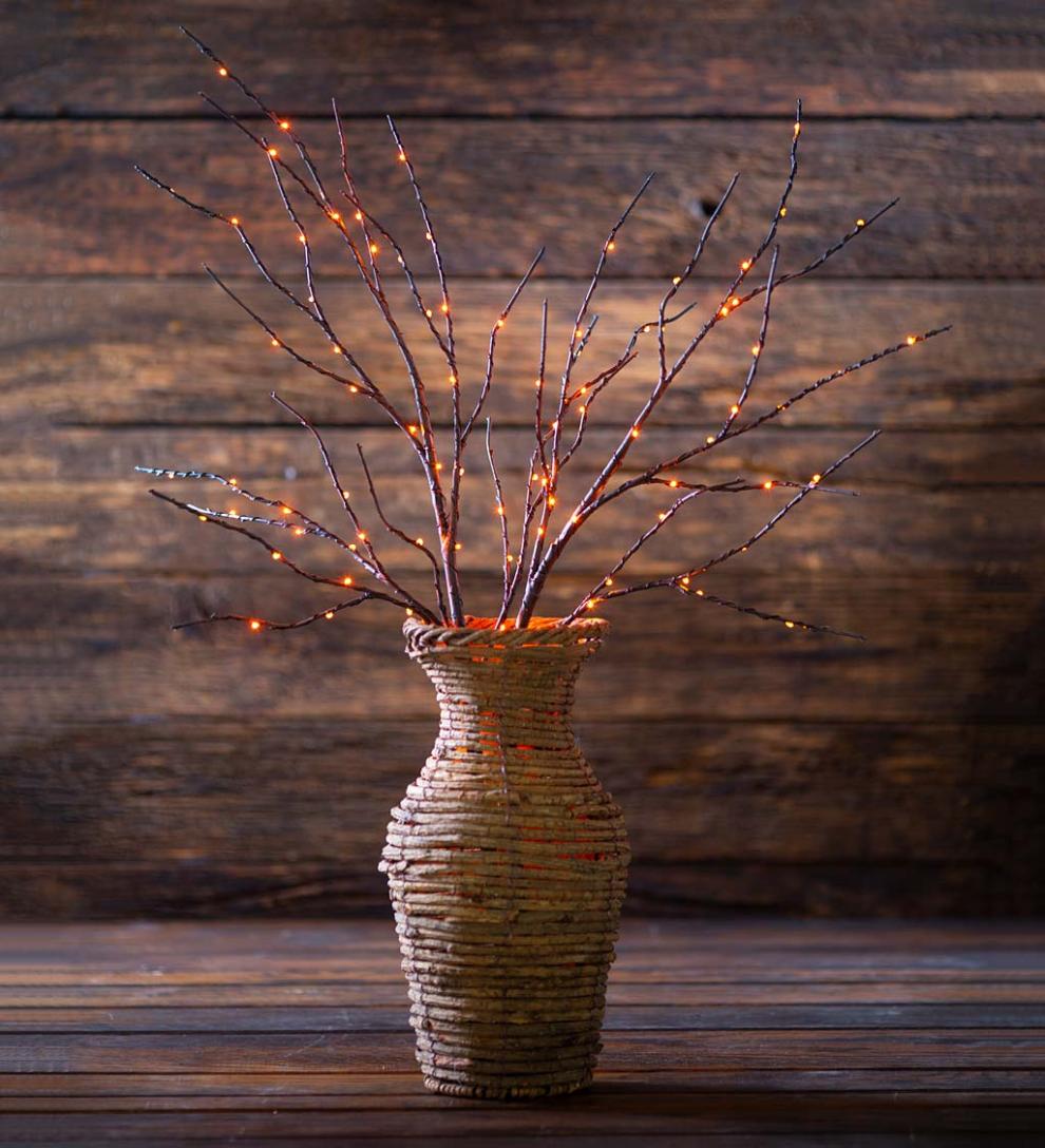 Plow & Hearth Home Accents Indoor Living Indoor/Outdoor Lighted Halloween Black Tree Branches With 100 Orange Leds, Set Of 2