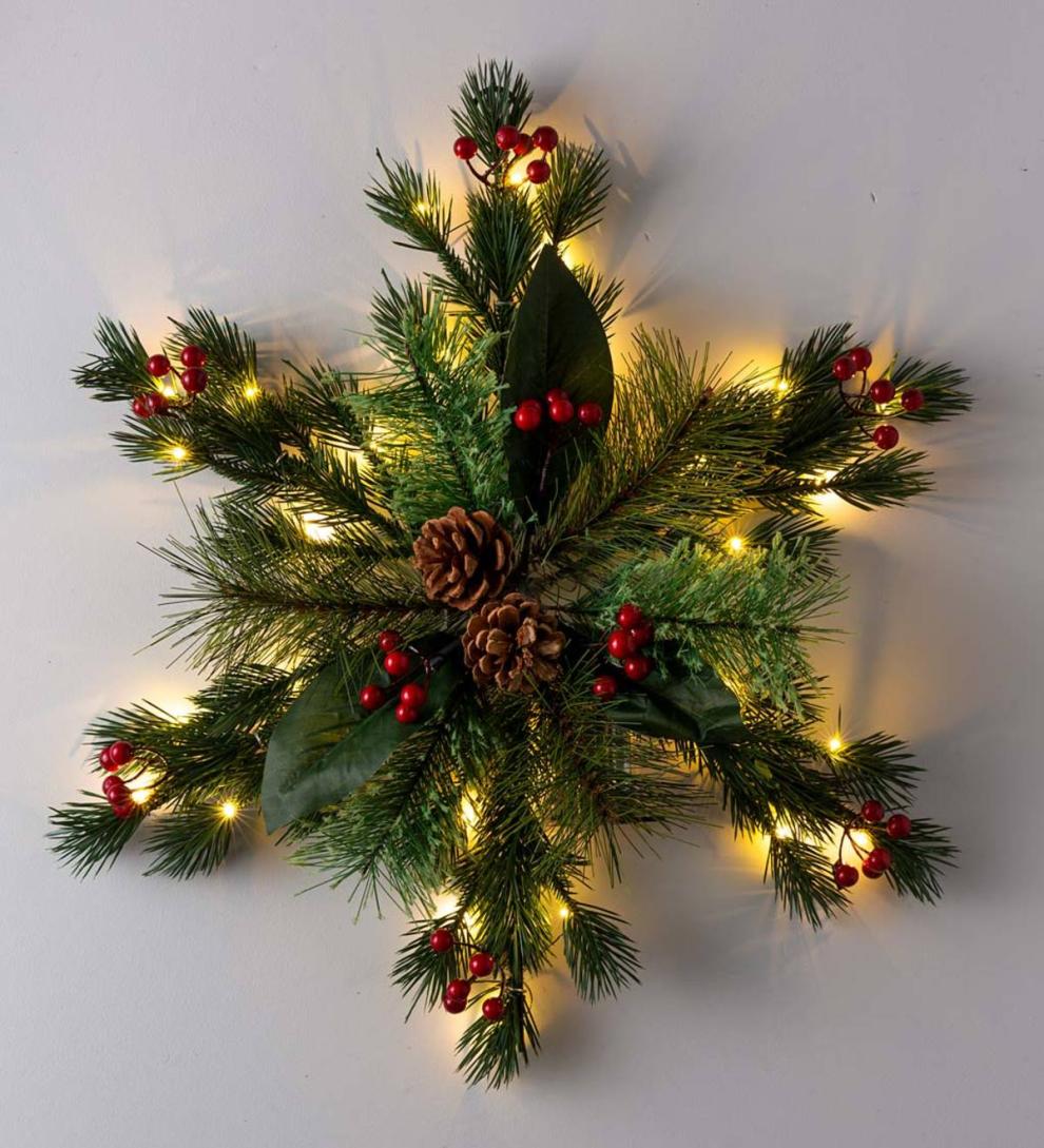 Plow & Hearth Home Accents Indoor Living Lighted Faux Greenery Snowflake Holiday Accent