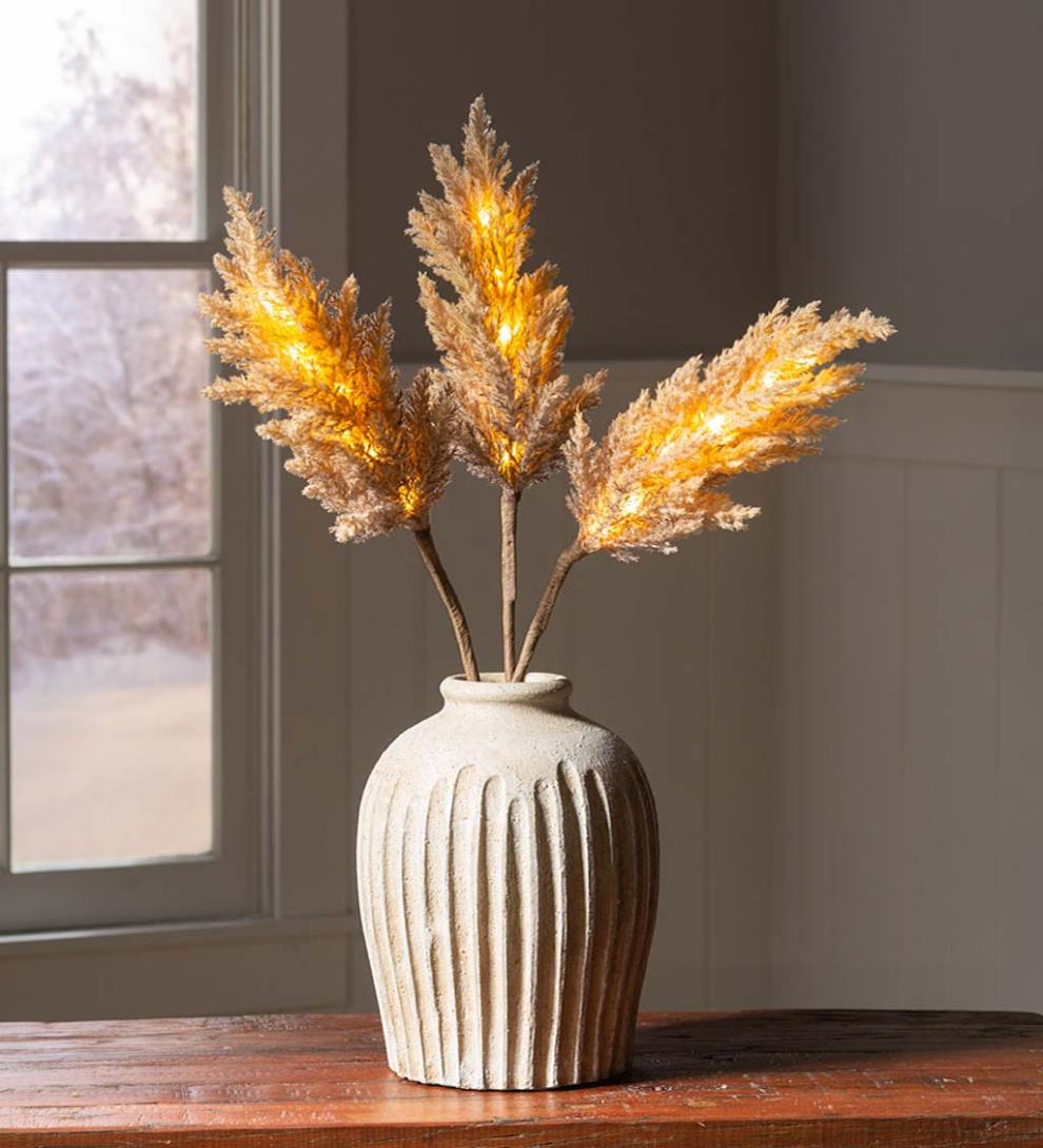 Plow & Hearth Home Accents Indoor Living Lighted Faux Pampas Grass Branches, Set Of 2 - Caramel