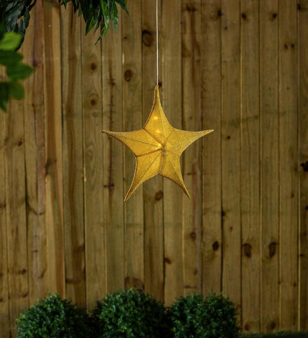 Plow & Hearth Home Accents Indoor Living Lighted Hanging Fabric Star, Small Gold