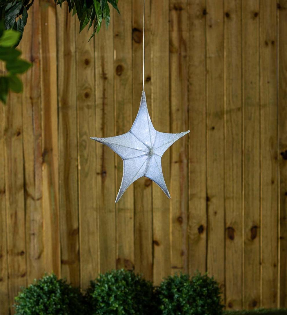 Plow & Hearth Home Accents Indoor Living Lighted Hanging Fabric Star, Small Silver
