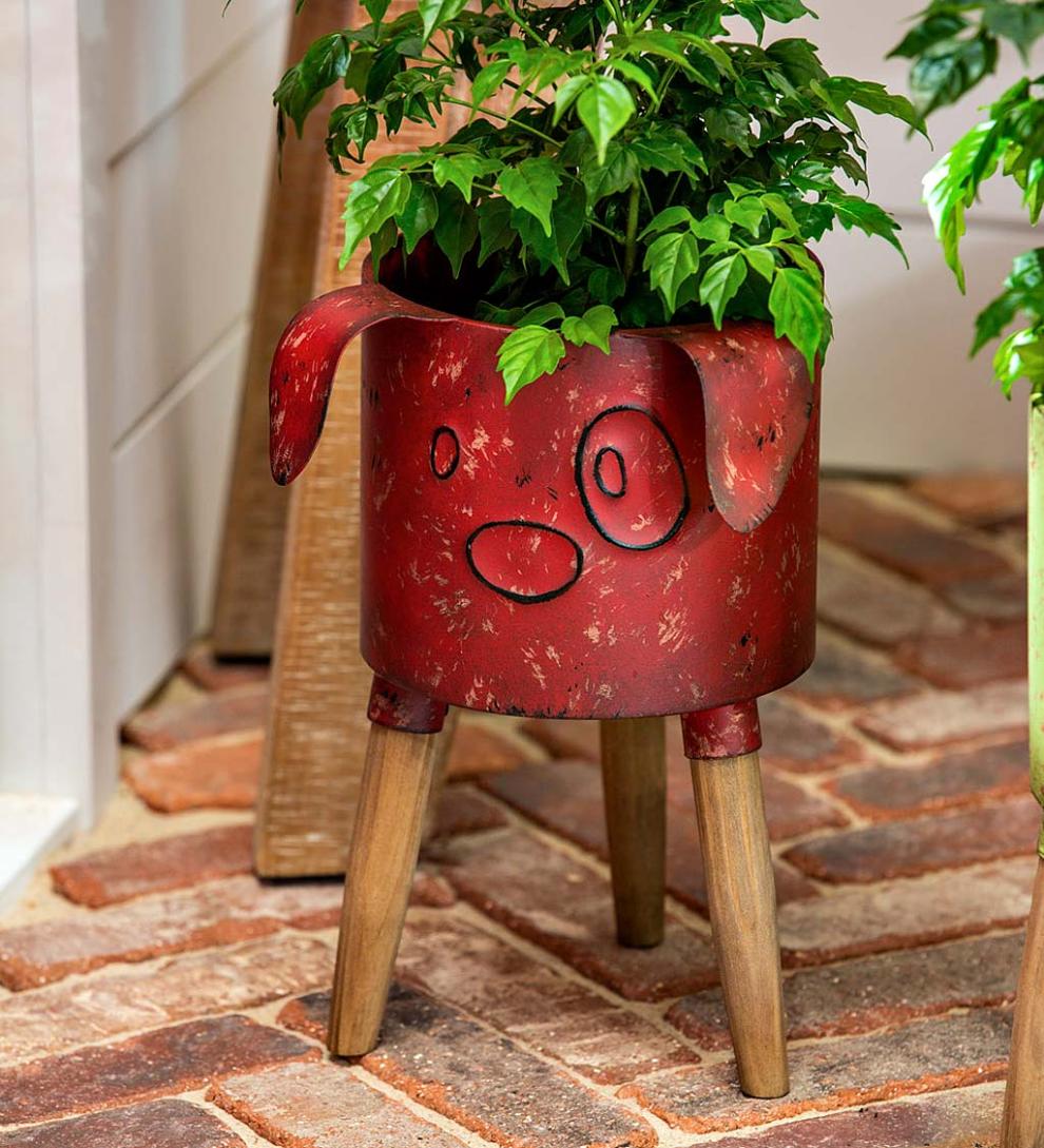 Plow & Hearth Home Accents Indoor Living Metal Dog Planter With Wooden Stand