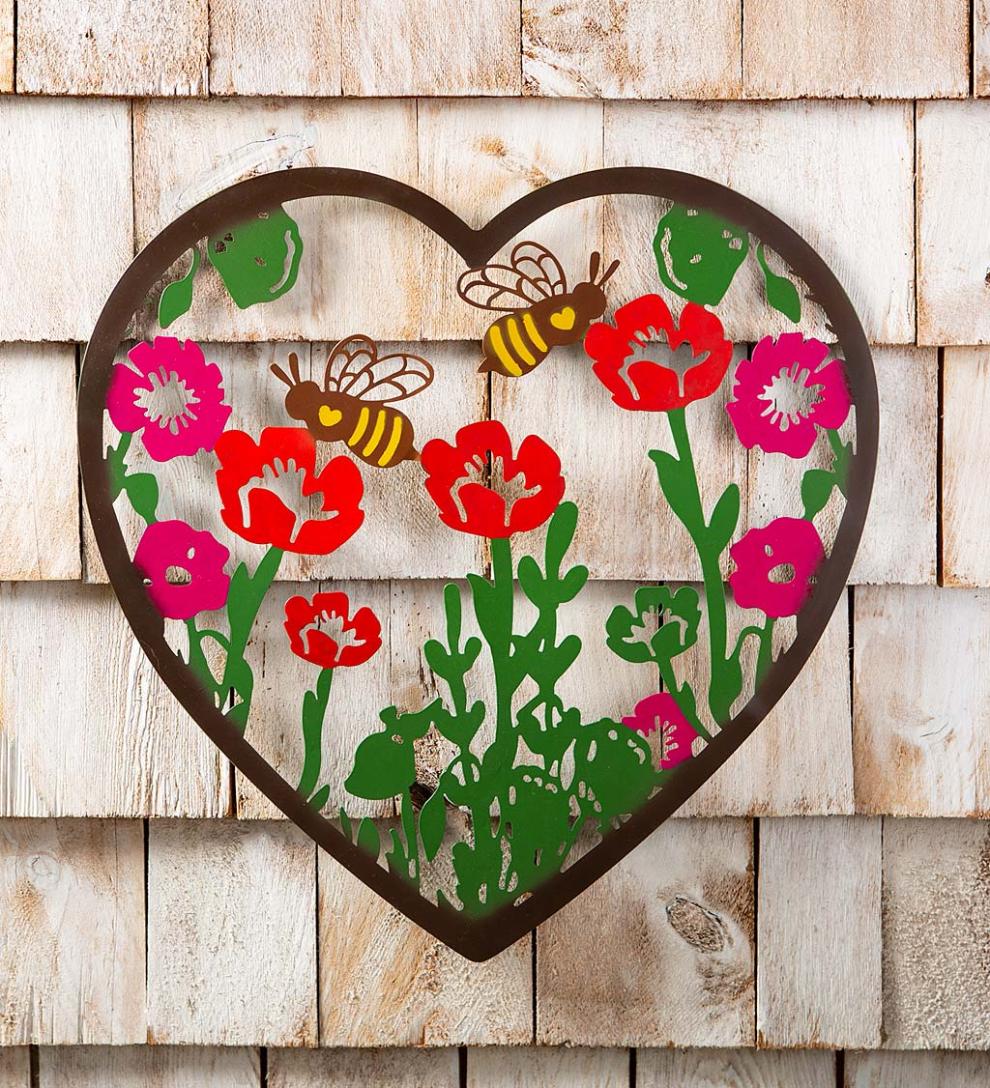 Plow & Hearth Home Accents Indoor Living Metal Indoor/Outdoor Heart Wall Art With Bees And Flowers
